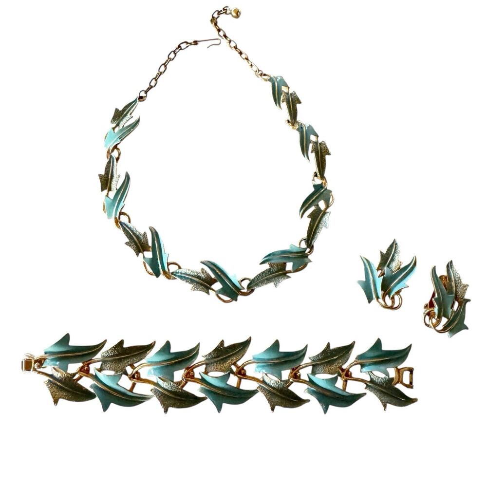 1960's Signed Mode Art‎ Light Blue Enamel Leaves Bracelet Necklace Clip Earrings